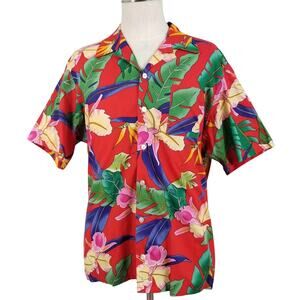 Scorpio Shirt Mens Large Red Hawaiian Floral Aloha Camp Button Front USA‎